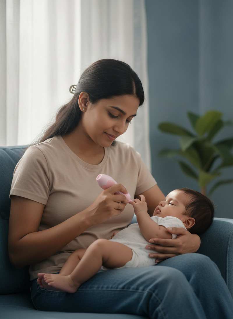 A mother in Mumbai uses an electric nail trimmer on her baby's nails as the baby sleeps, bathed in natural light.