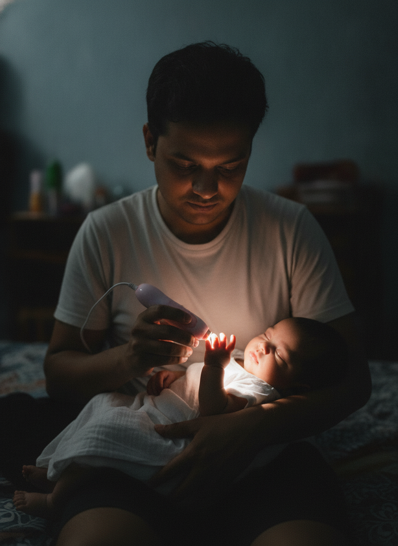 A South Asian father in Delhi uses the LED light of an electric baby nail trimmer to trim his baby's nails during a power cut