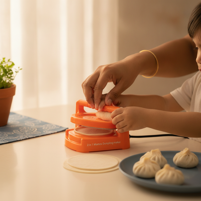 Mother and child's hands making momos with a dumpling maker on a cream surface, hints of slate blue and white in background.