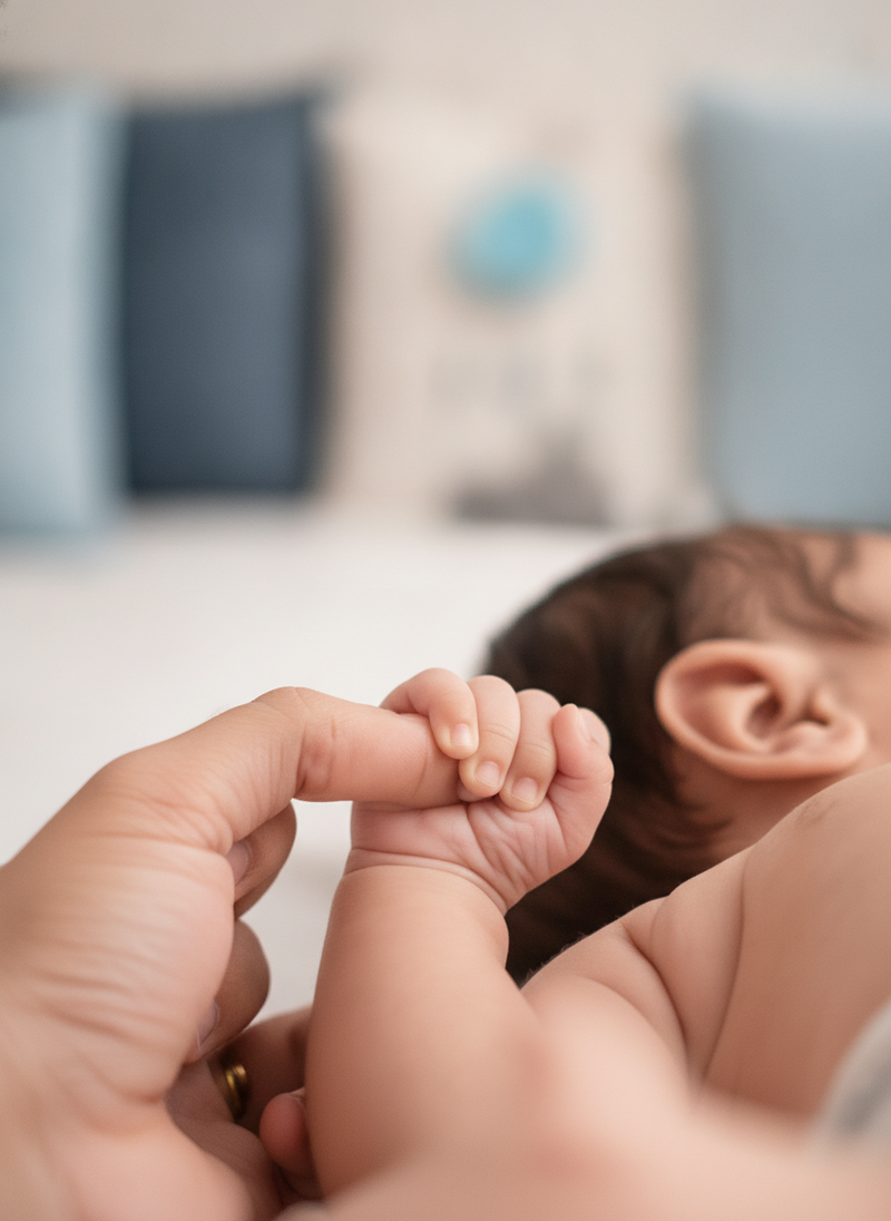 Close-up of a 2-month-old South Asian baby's hand, showing smooth, rounded fingernails. A parent's hand gently supports the b