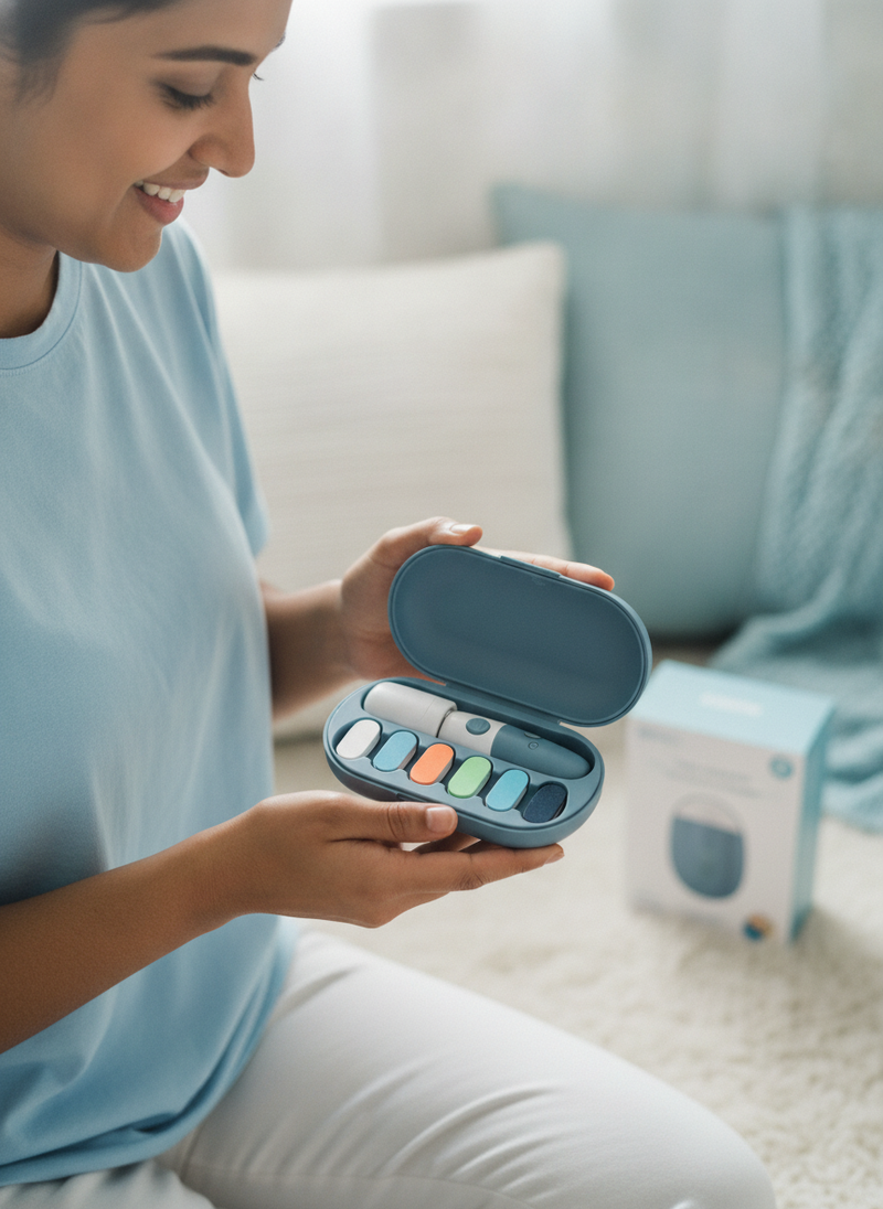 Close-up of an open Electric Baby Nail Trimmer travel case, showing all six color-coded trimmer pads neatly organized.